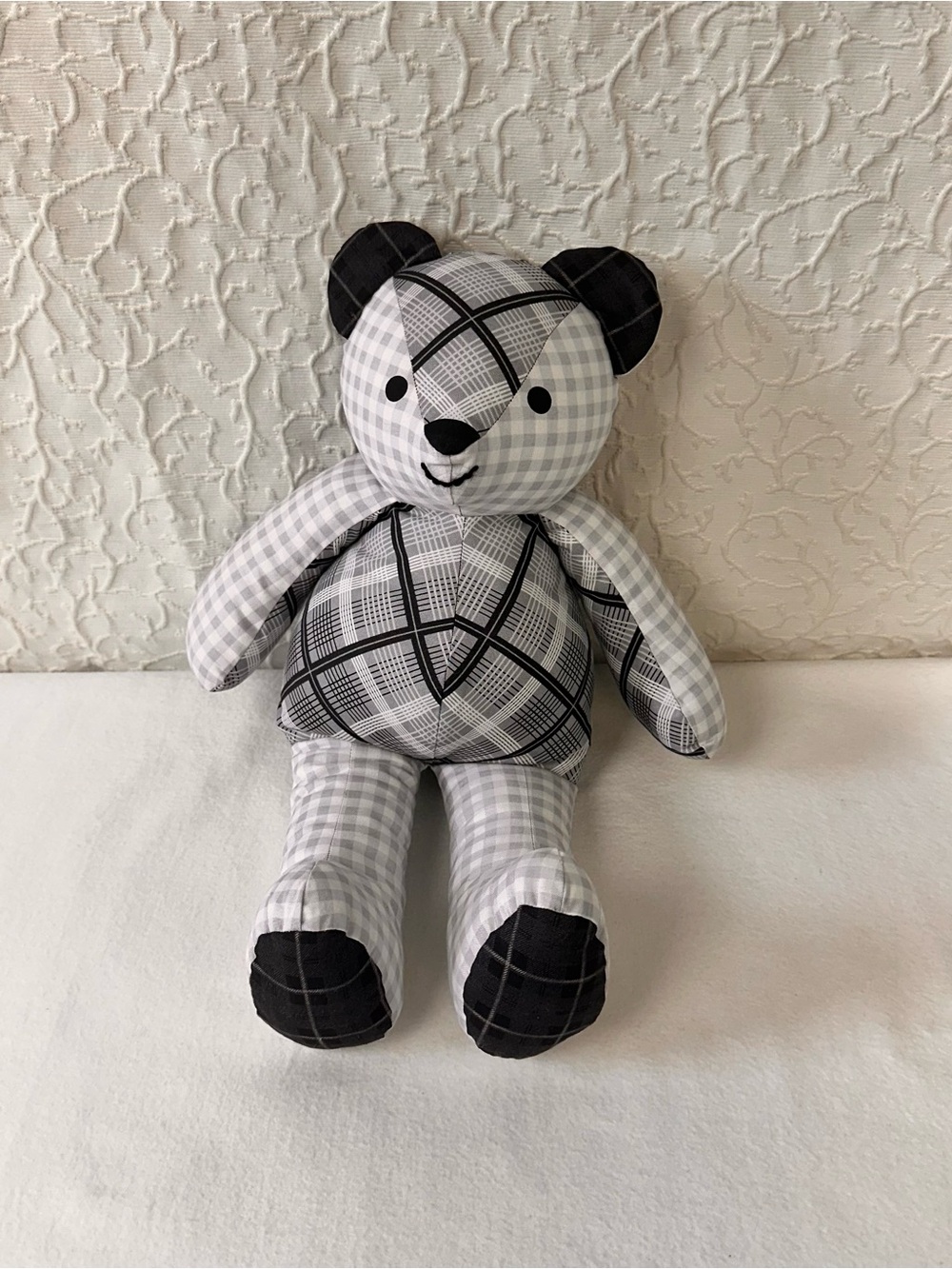 Plush Checkered Gray Teddy Bear - Soft Decorative Accent